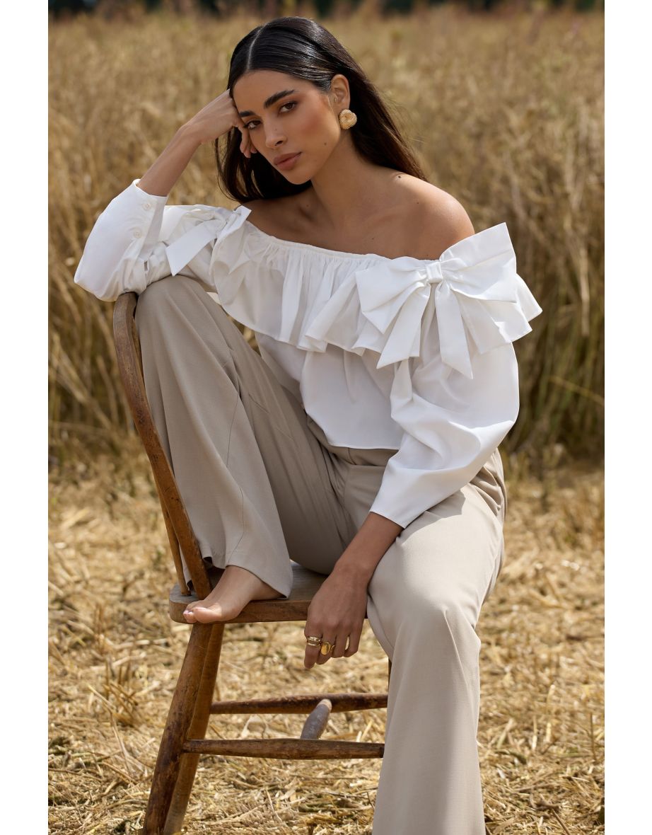 Cove | White Bardot Puff-Sleeve Ruffle Top With Bows - 9