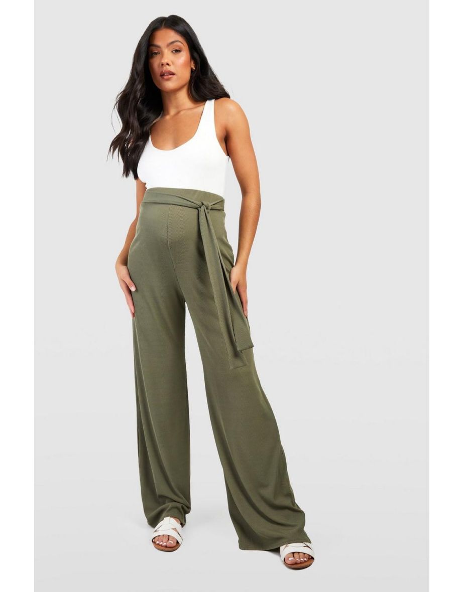 Maternity Rib Belted Wide Leg Trouser - khaki
