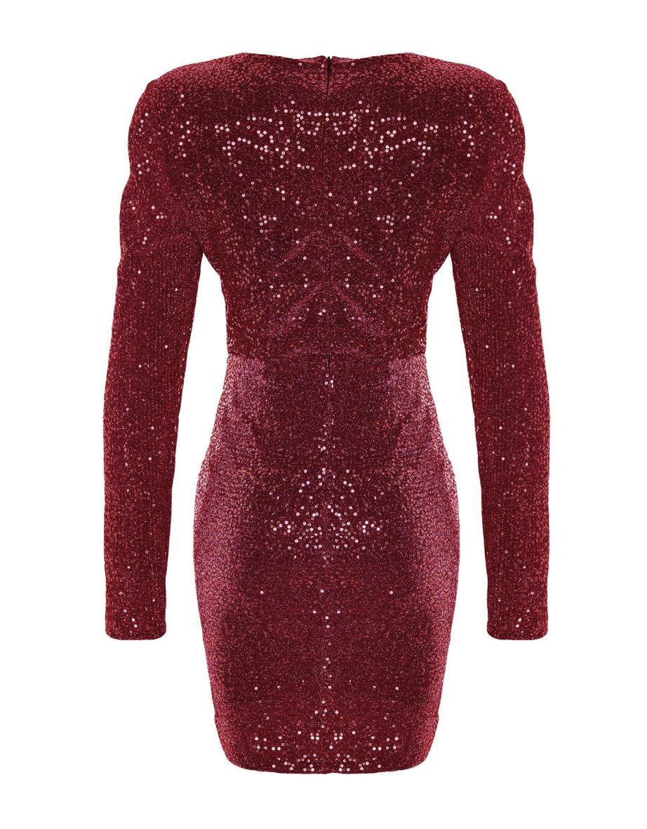 Red Fitted Shiny Knitted Sequin Sequin Short Elegant Evening Dress - 8