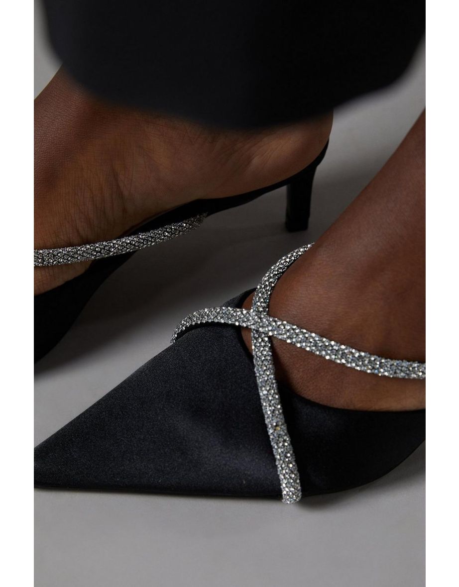 Shona Satin Diamante Cross Strap Kitten Heel Mules - 3