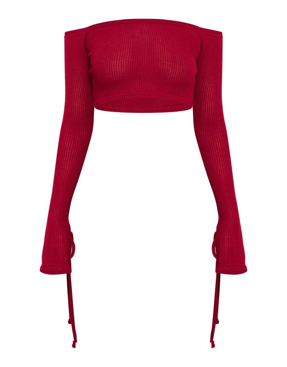 Cherry Red Sheer Soft Rib Bardot Long Sleeve Crop Top - 4