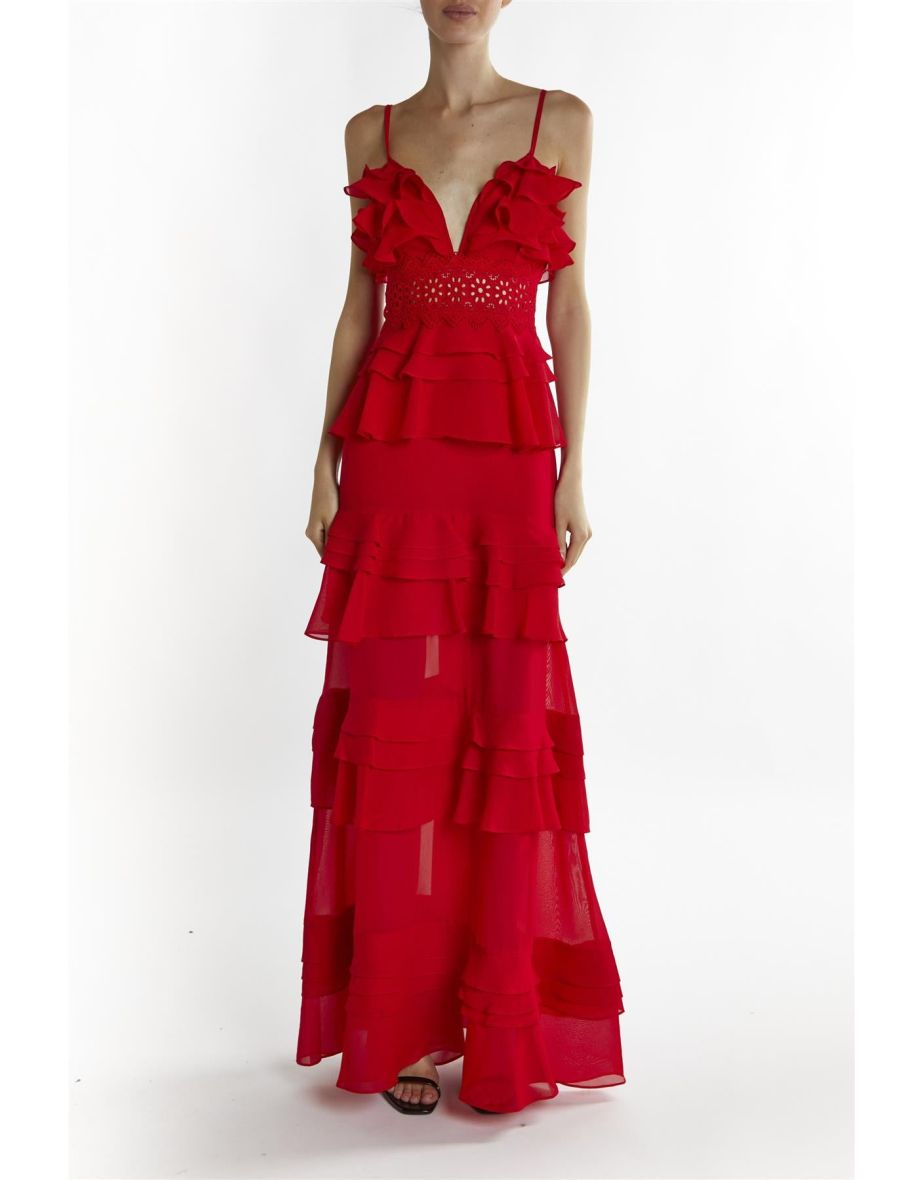Sophia Red Plunge Front Tiered Ruffle
