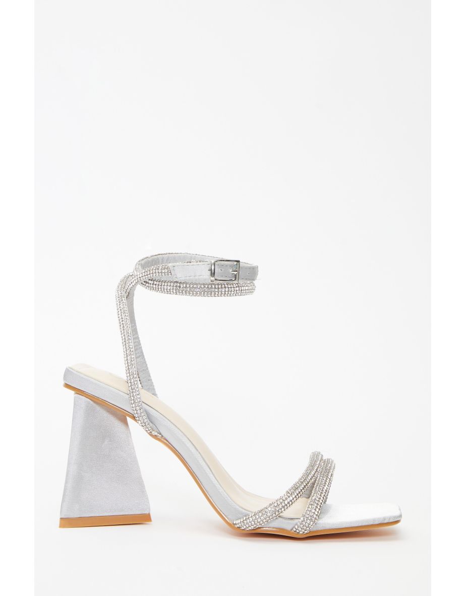 Grey Satin Diamante Triangle Heeled Sandals