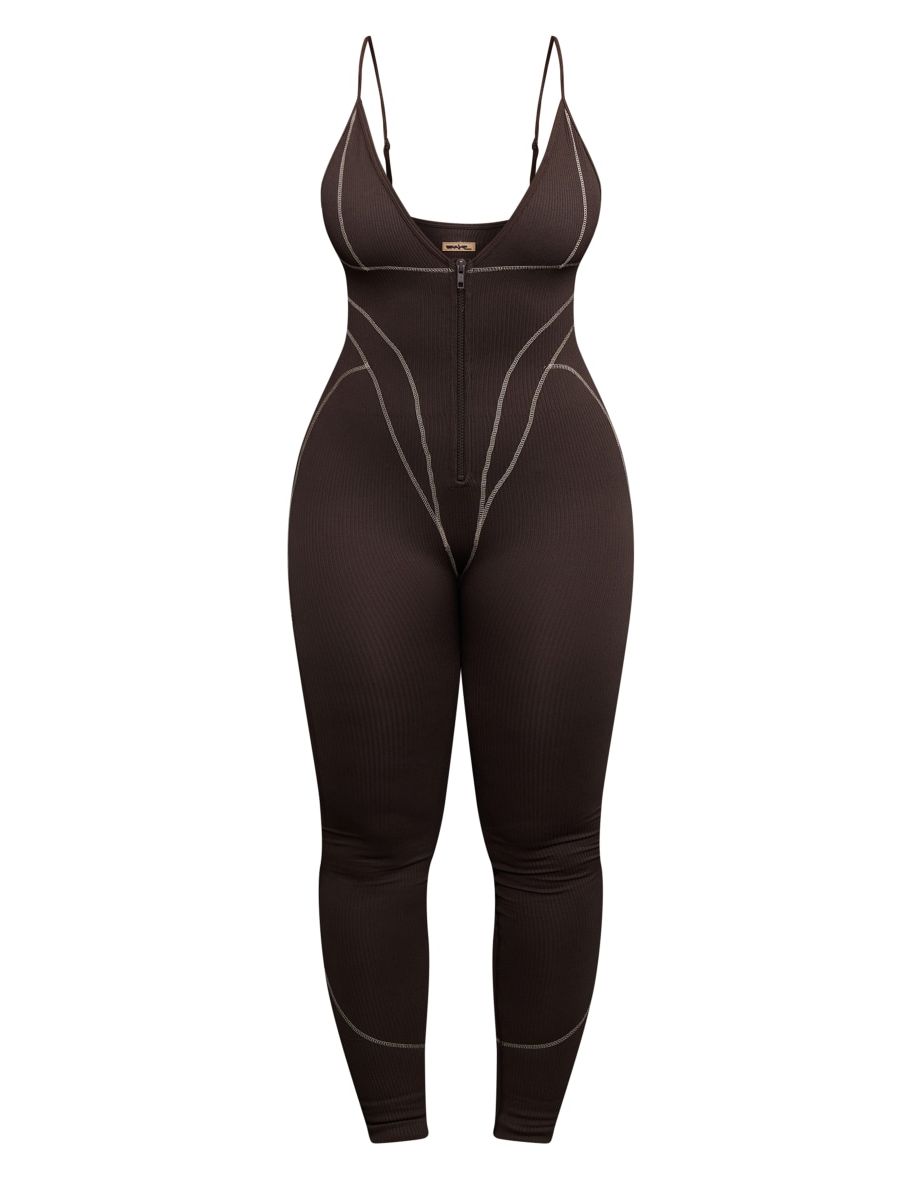 Shape Chocolate Brown Branded Contrast Stitch Zip Detail Gym Jumpsuit - 4