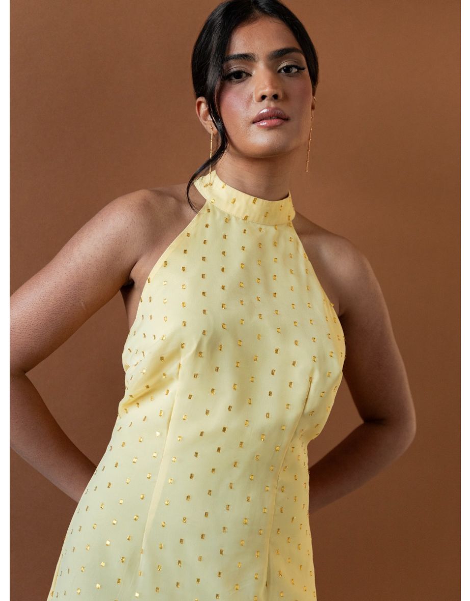 Anaya With Love Recycled Gold Detail Halter Neck & Open Back Yellow Dress - 6