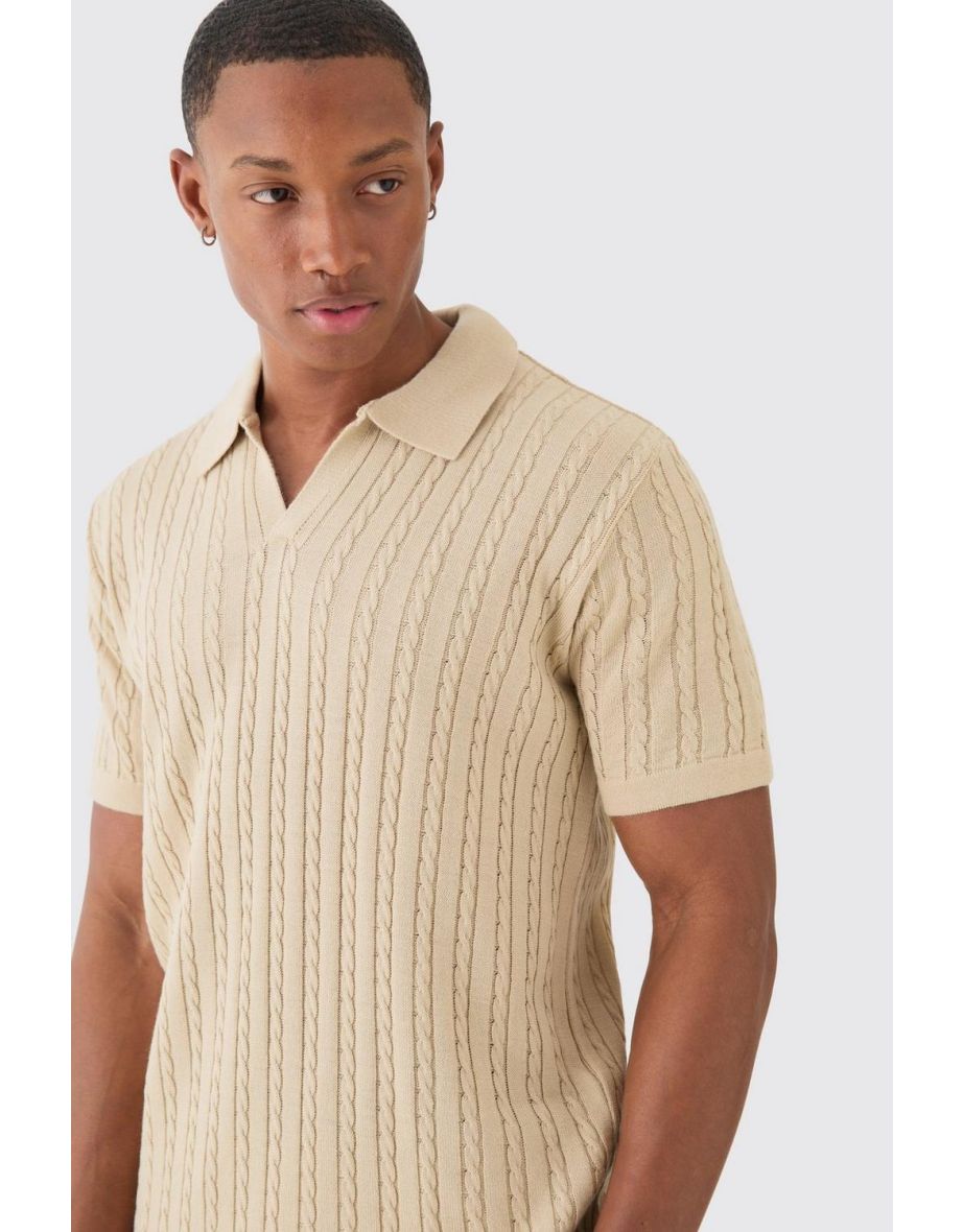 Regular Revere Collar Cable Knit Polo - stone - 2