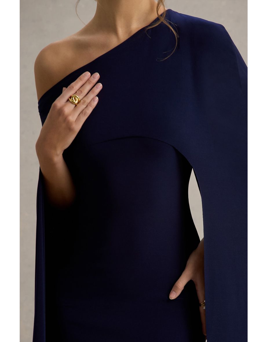 Florentina | Navy One-Shoulder Cape Maxi Dress - 5