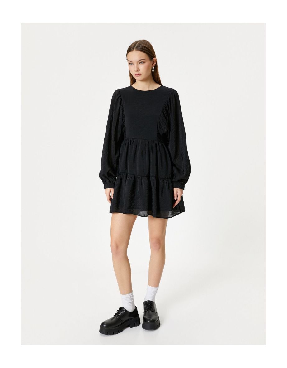Balloon Sleeve Mini Dress Long Sleeve Round Neck Lined Tiered