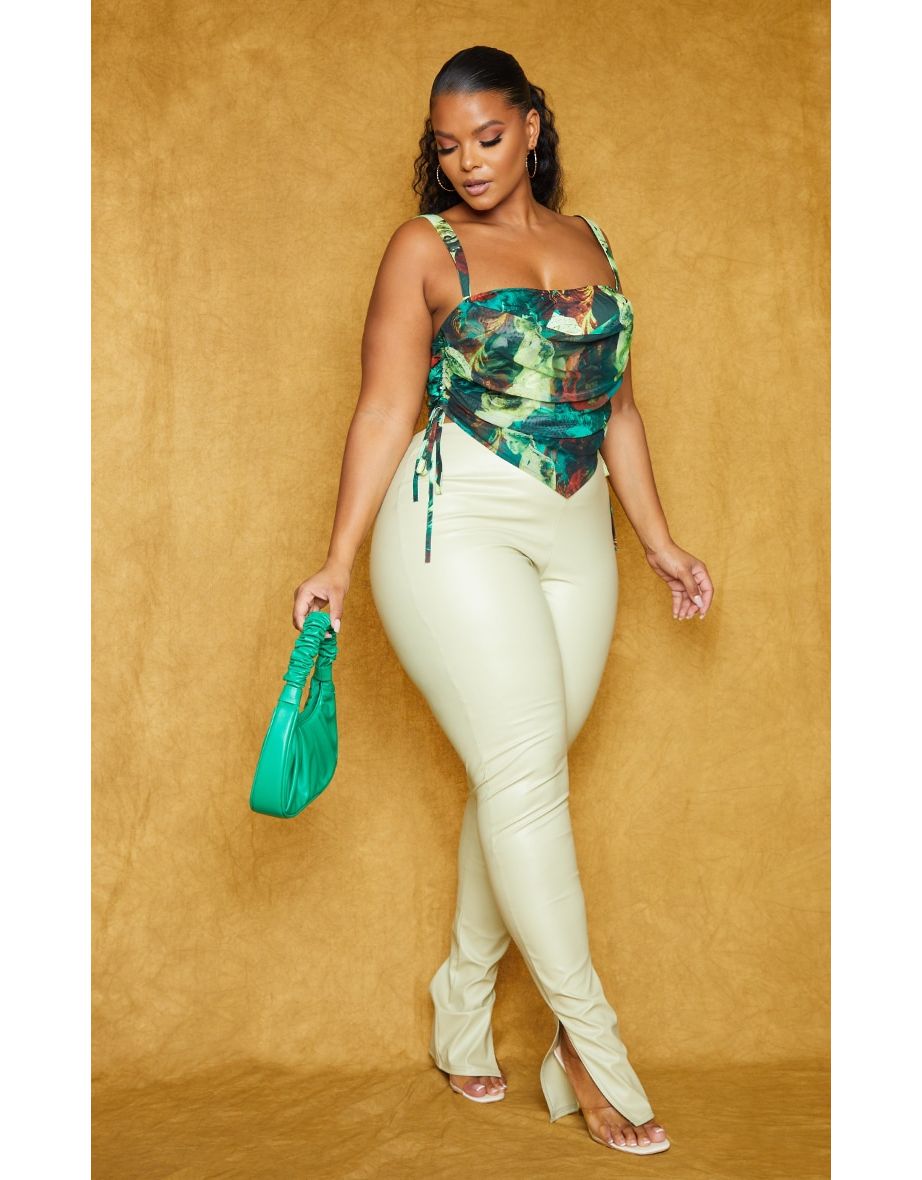 Plus Green Abstract Print Mesh Layered Corset Top
