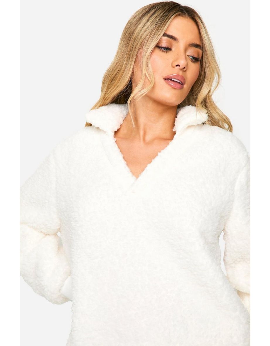 Fluffy Fleece Collared Sweat And Jogger Set - cream - 3