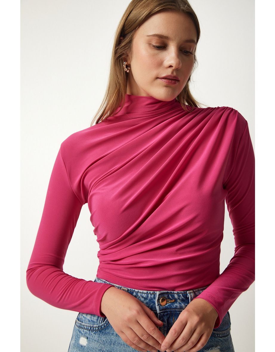 Women's Pink Gathered Detailed High Neck Sandy Blouse