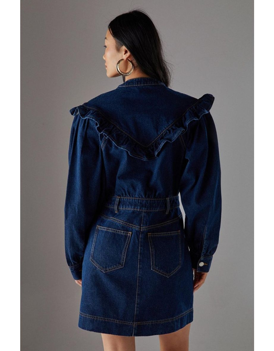 Petite Denim Frill Yoke Relaxed Mini Shirt Dress - 3