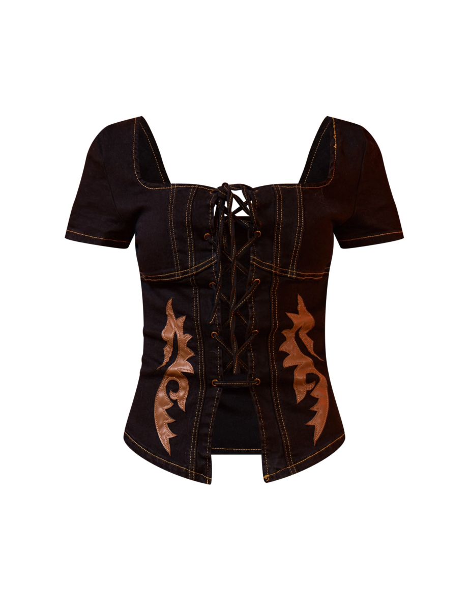 Black Western Patch Detail Denim Corset - 4