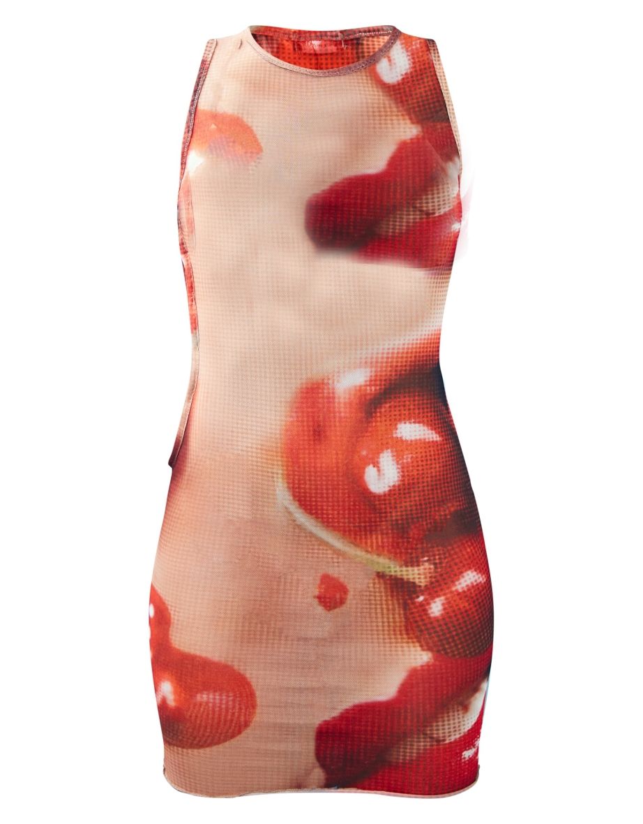 Multi Lip Print Mesh Cut Out Side Bodycon Dress - 3