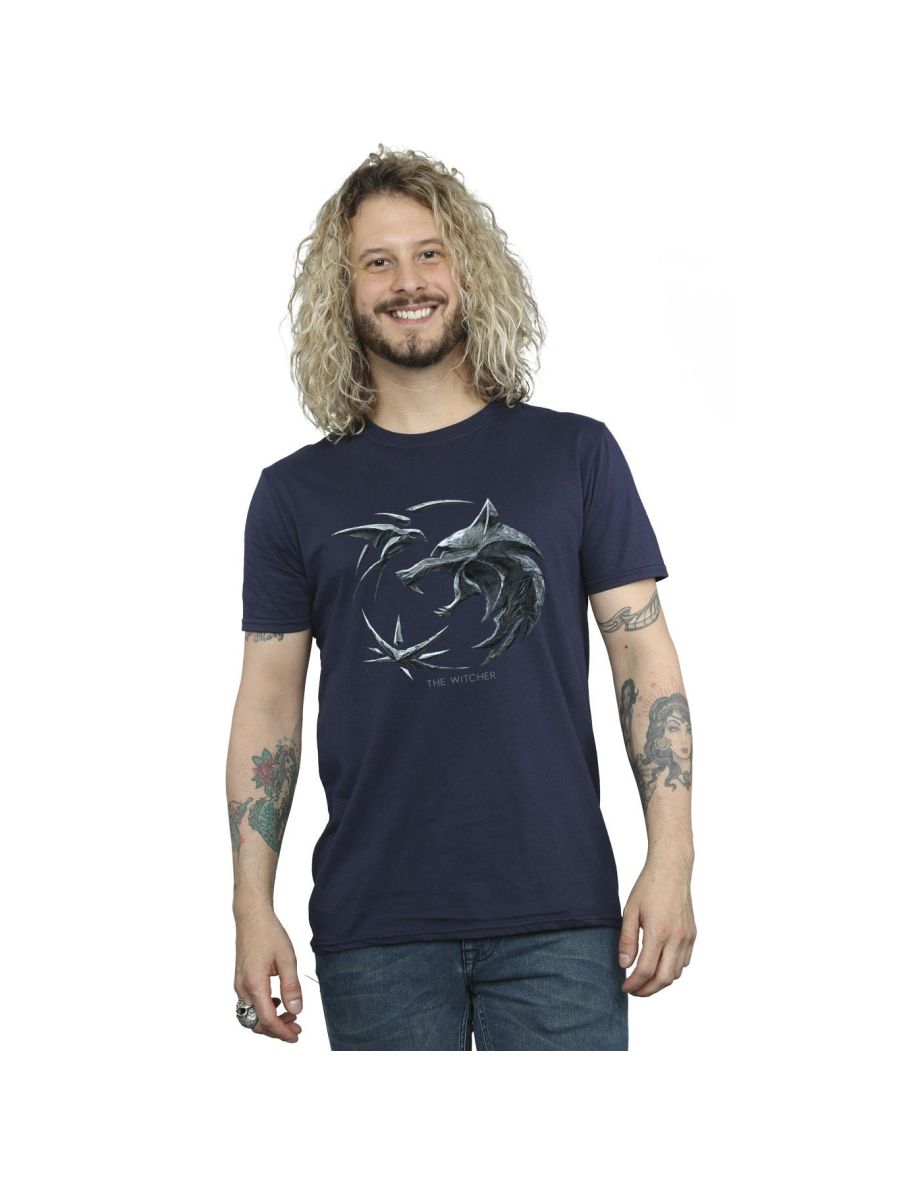 Netflix Mens The Witcher Wolf Logo T-Shirt - Navy Blue