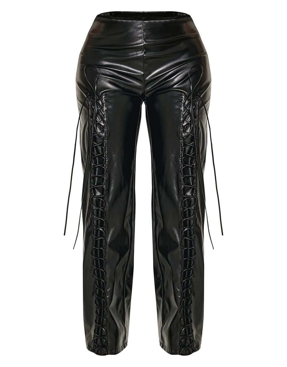 Shape Black Lace Up Faux Leather Trousers - 4