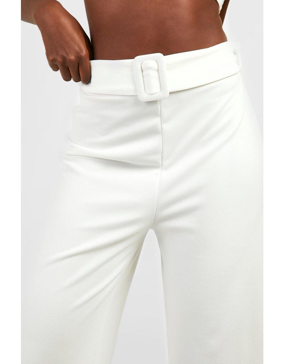 High Waisted Buckle Belted Culotte Trousers - white - 3