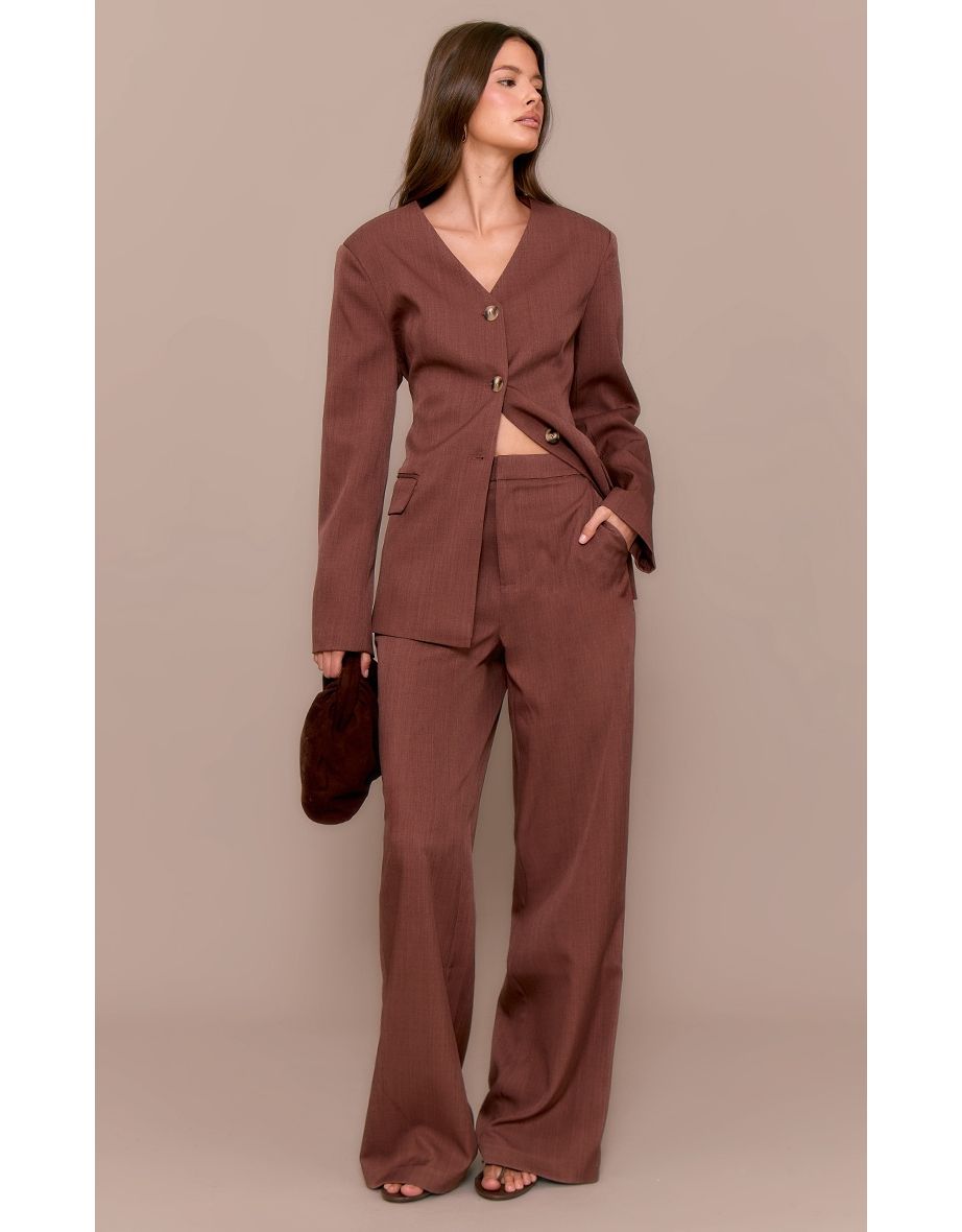 Chestnut Premium Tailored Collarless Button Up Fitted Blazer