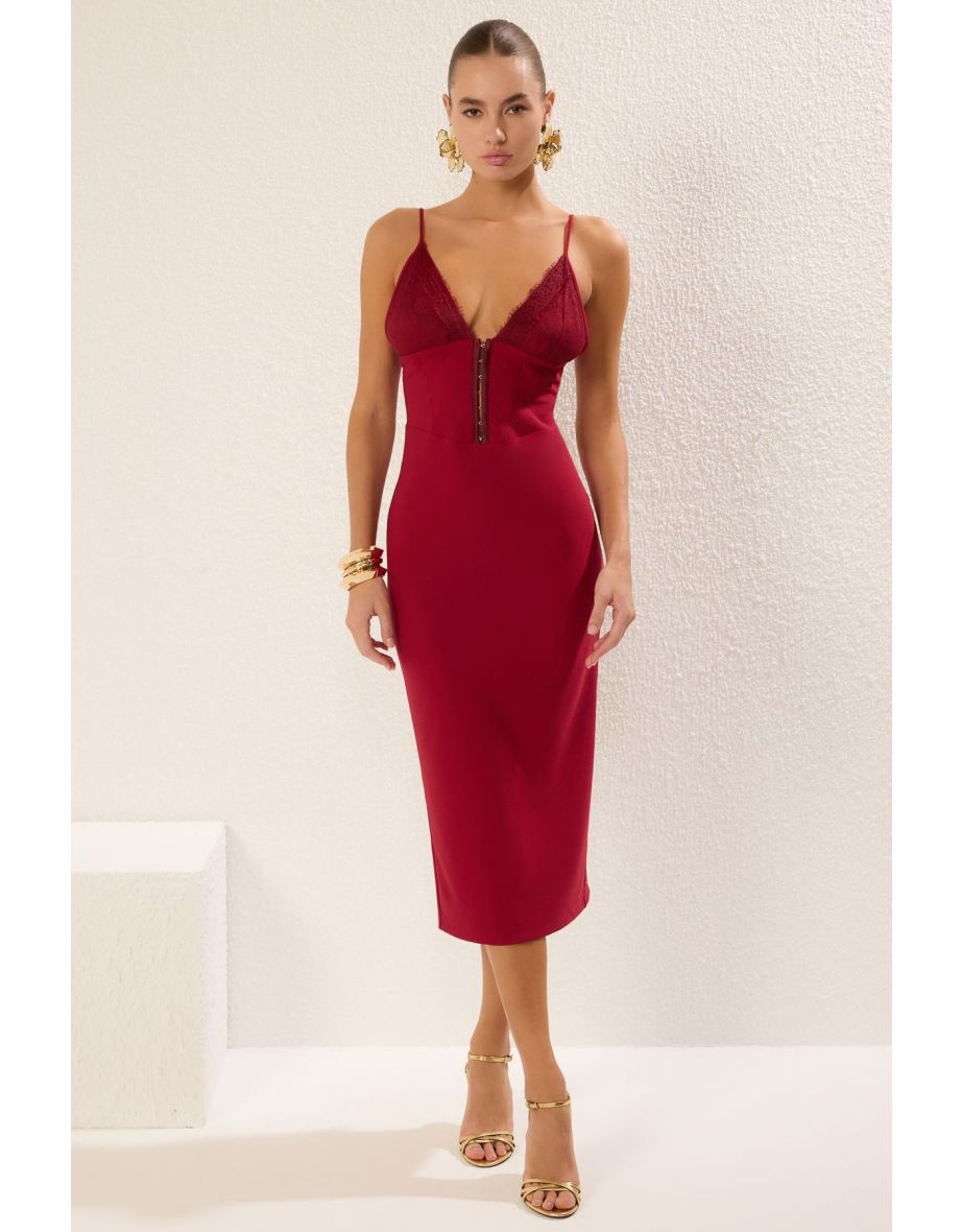 Burgundy Body-Smoothing Woven Chic Midi Dress