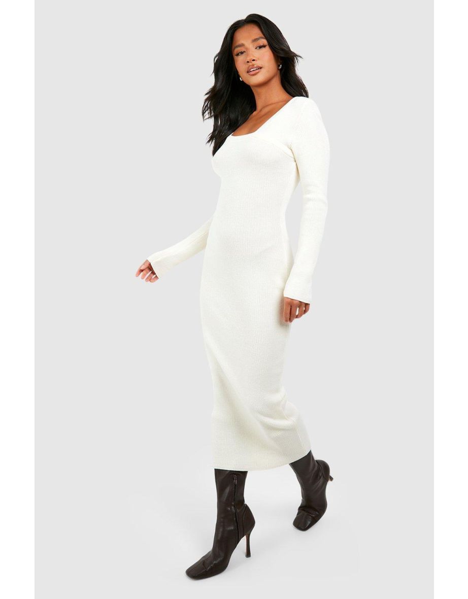 Shop Petite Knit Long Sleeve Seam Detail Midaxi Dress cream Online in Oman VogaCloset