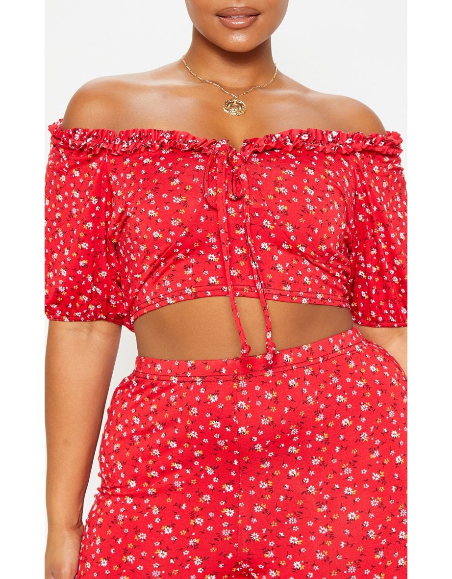 Plus Red Ditsy Floral Ruched Front Crop Top - 3