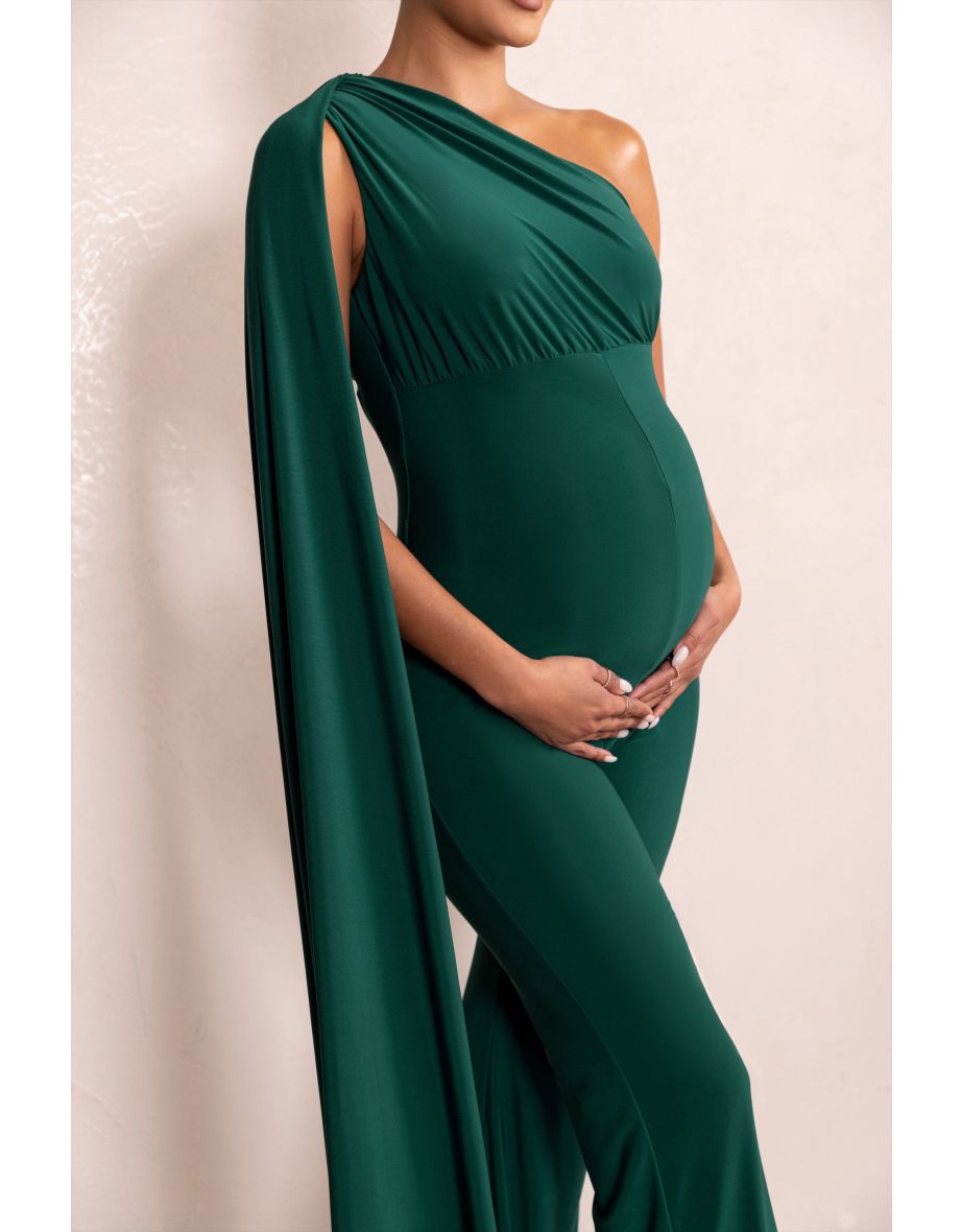 Bottle Green Maternity Maternity One Shoulder Cape Jumpsuit - 4