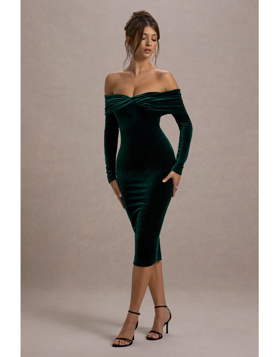 Compliment | Bottle Green Velvet Bardot Midi Dress
