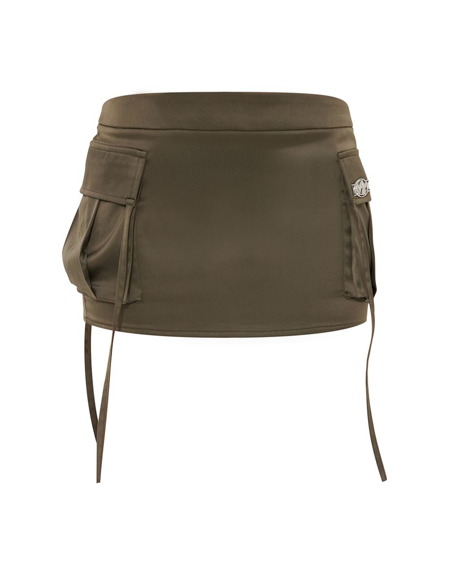 PRETTYLITTLETHING Khaki Satin Cargo Micro Mini Skirt - 4