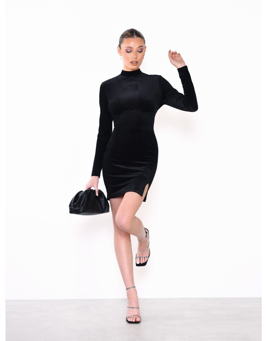 Glamorous Black Textured Velvet High Neck Side Split Mini Dress