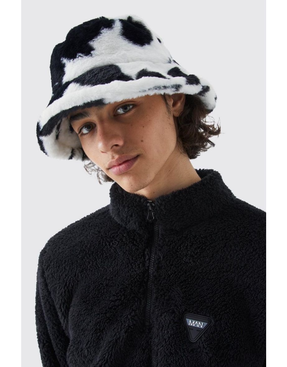 Cow Print Fluffy Bucket Hat - black