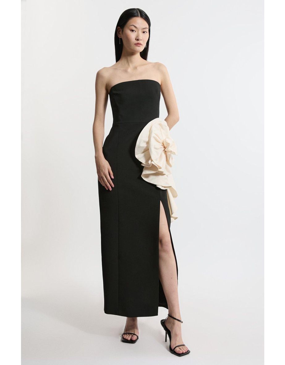Compact Stretch Taffeta Rosette Midi Dress