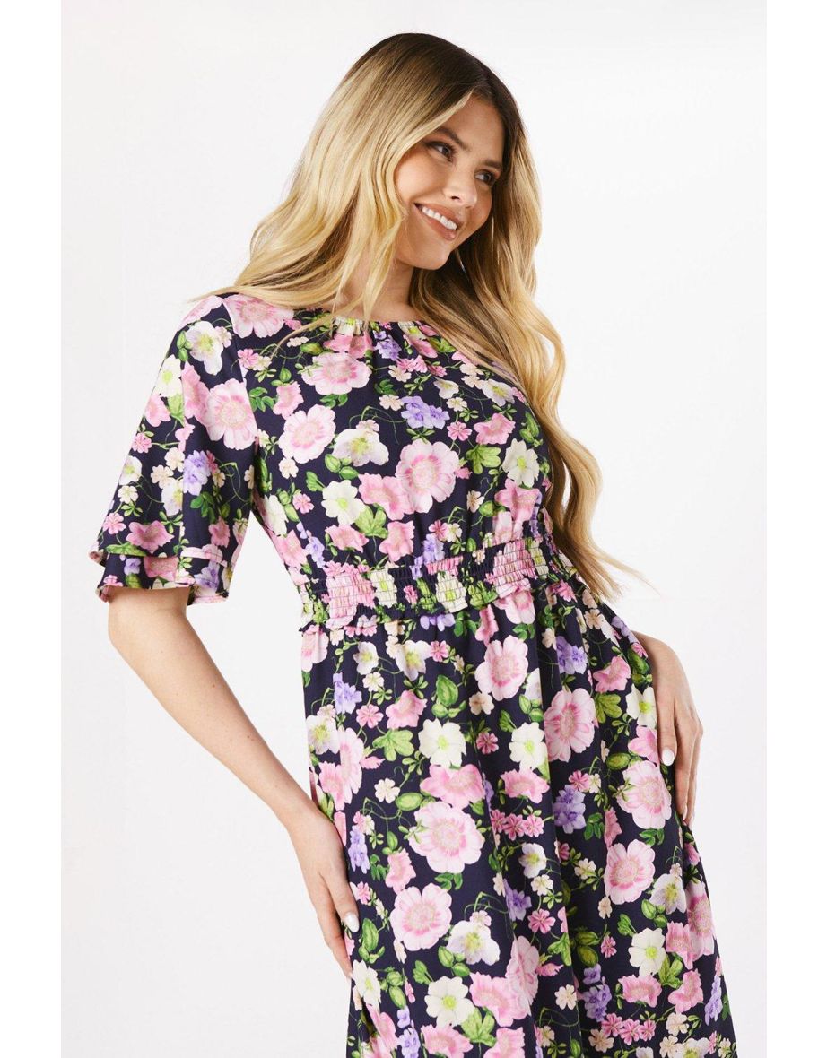Floral Double Frill Sleeve Shirred Waist Midi Dress - 3
