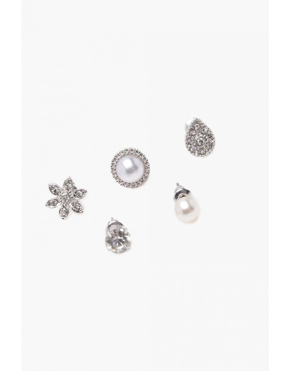 Eva Pearl And Diamante Studs 5 Pack - silver - 1