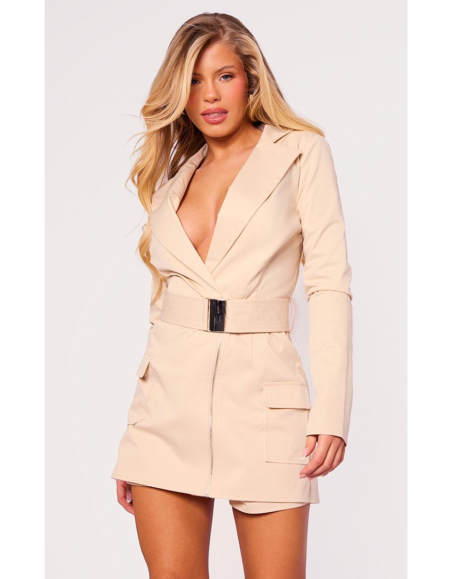 Cream Cargo Pocket Detail Plunge Skort Playsuit