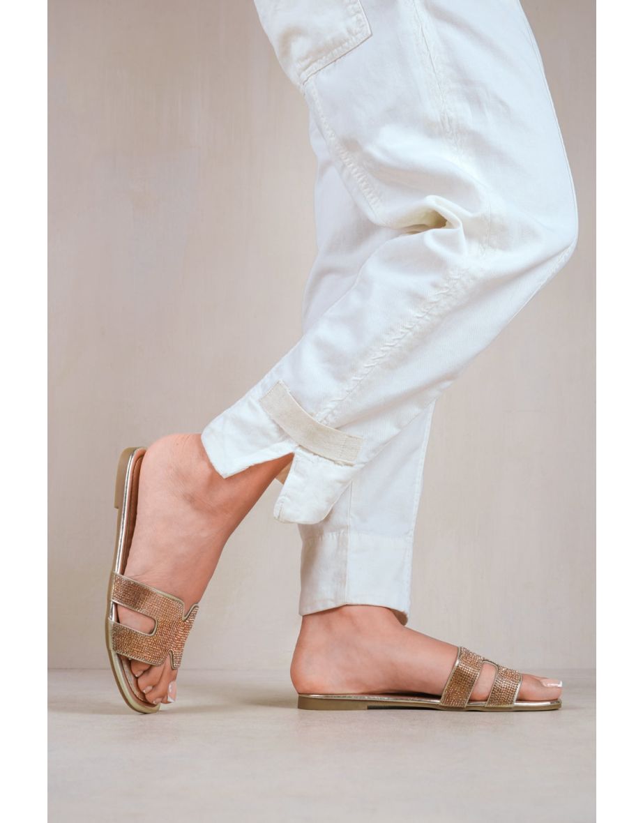 MIRCLE DIAMANTE SPARKLY FLAT SLIDER SANDALS IN GOLD - 1