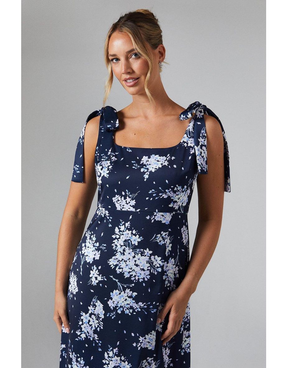 Midnight Bloom Printed Satin Tie Shoulder Maxi Bridesmaids Dress - 3