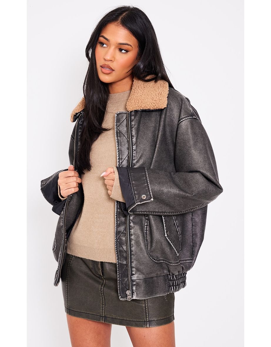 Tall Black Faux Leather Detachable Collar Bomber Jacket