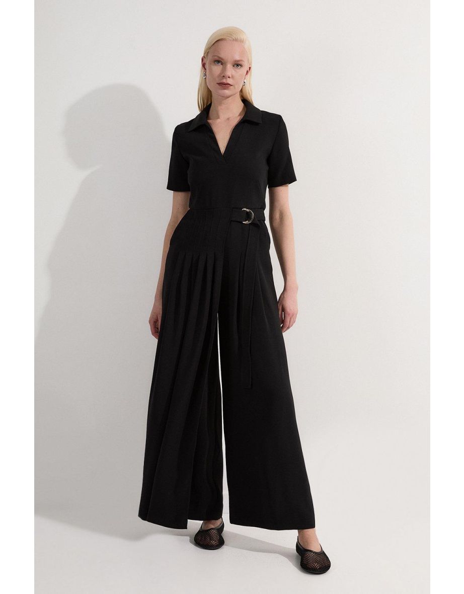 Soft Tailored Pleated Belted Jumpsuit