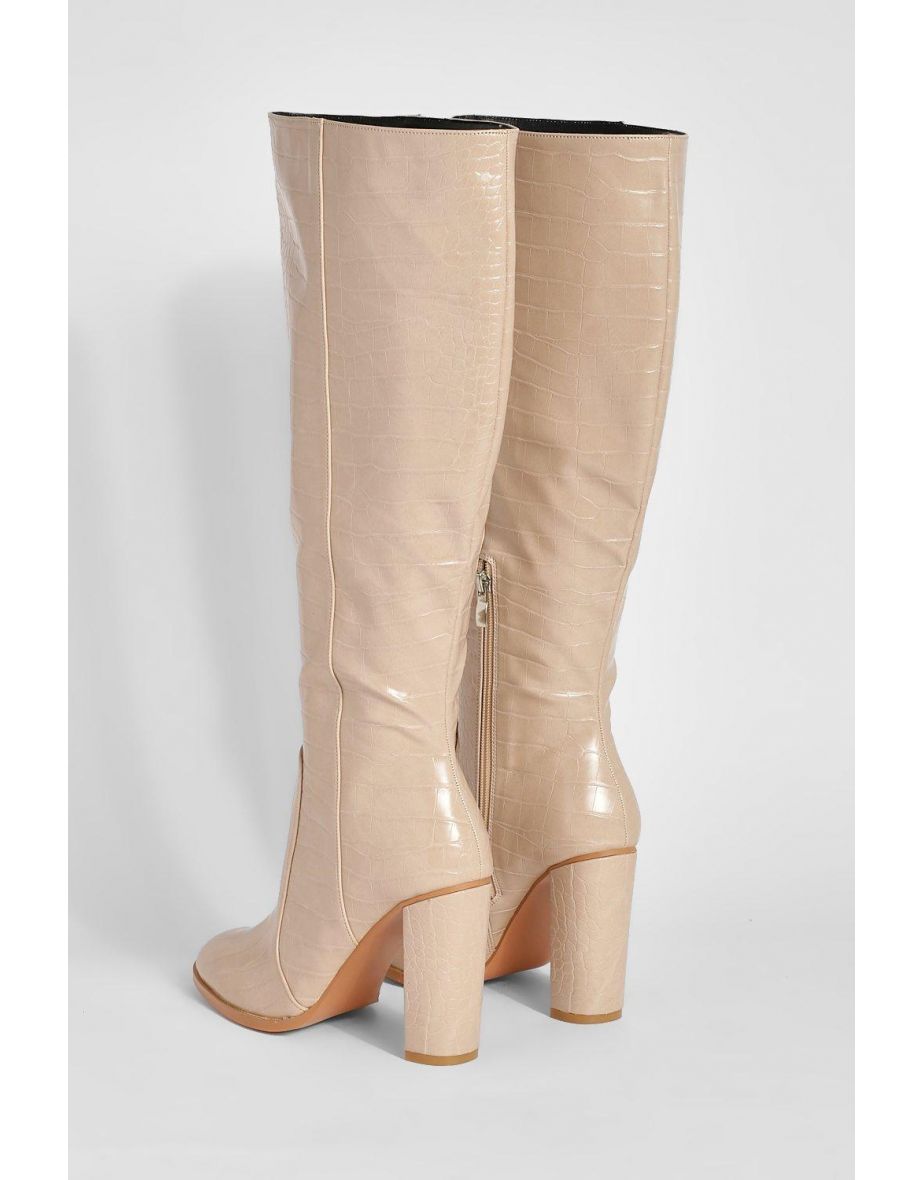 Round Toe Knee High Croc Boot - cream - 3