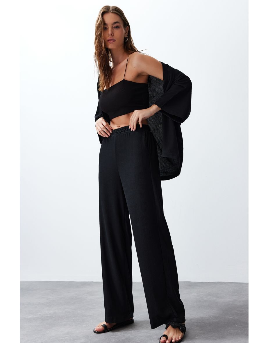 Black Relaxed/Comfortable Cut Kimono Knitted Top and Bottom Set
