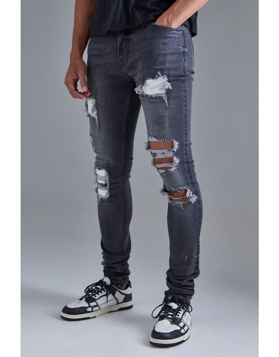 Skinny Stretch Stacked White Pu Biker Rip & Repair Jeans - grey