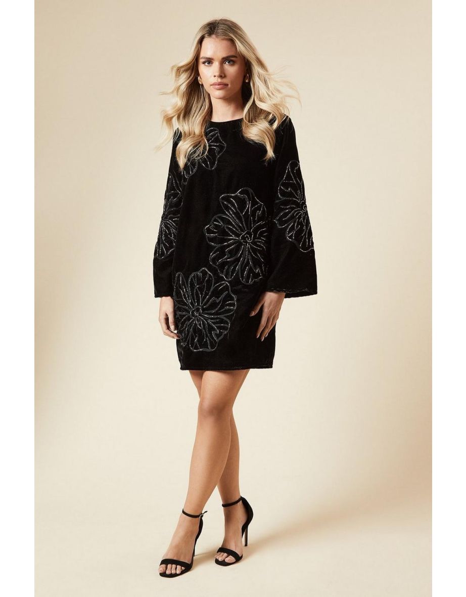 Petite Occasion Velvet Embroidered Mini Dress