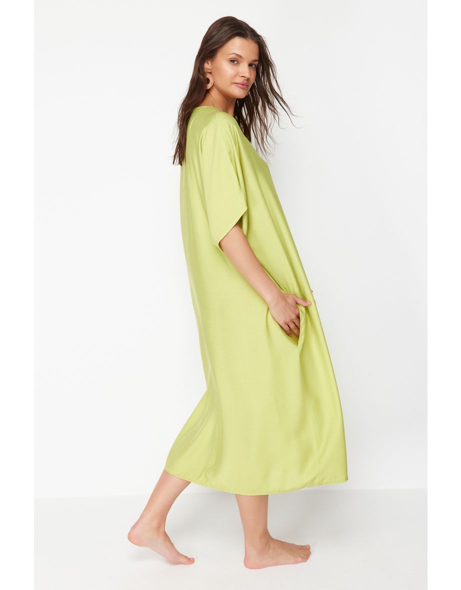 Oil Green Wide Mold Woven Beach Dress - 4