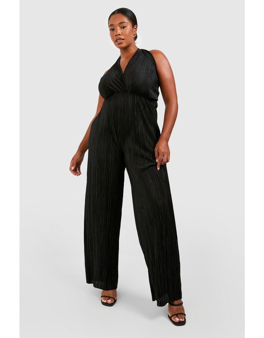 Shop Plus Plisse Halterneck Wide Leg Jumpsuit black Online in Oman VogaCloset