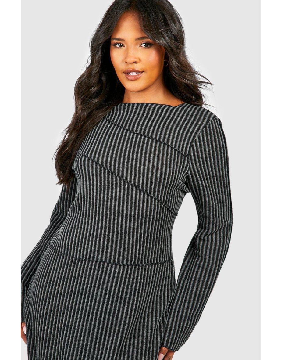 Plus Rib Outer Seam Detail Midi Dress - black - 3