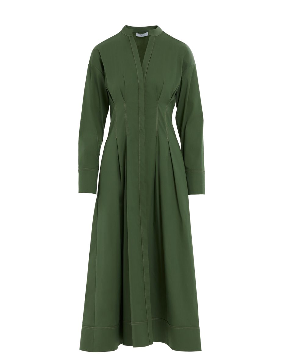 Khaki Long Dress with Mandarin Collar and Long Sleeves
