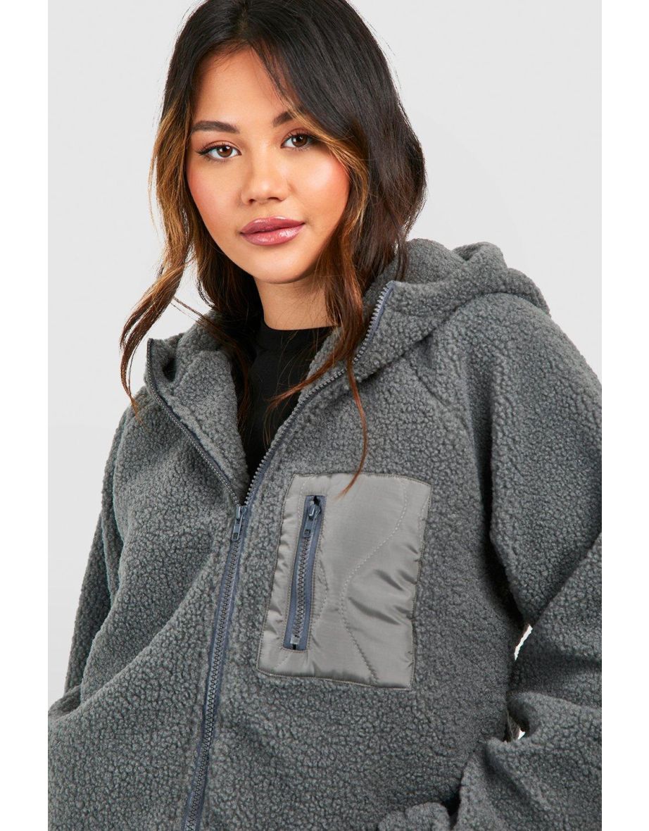 Hooded Teddy Faux Fur Jacket - charcoal - 3
