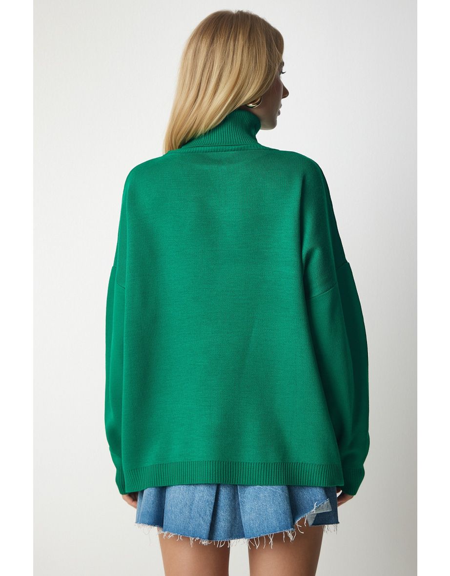 Women's Green Turtleneck Oversized Knitwear Sweater - 4