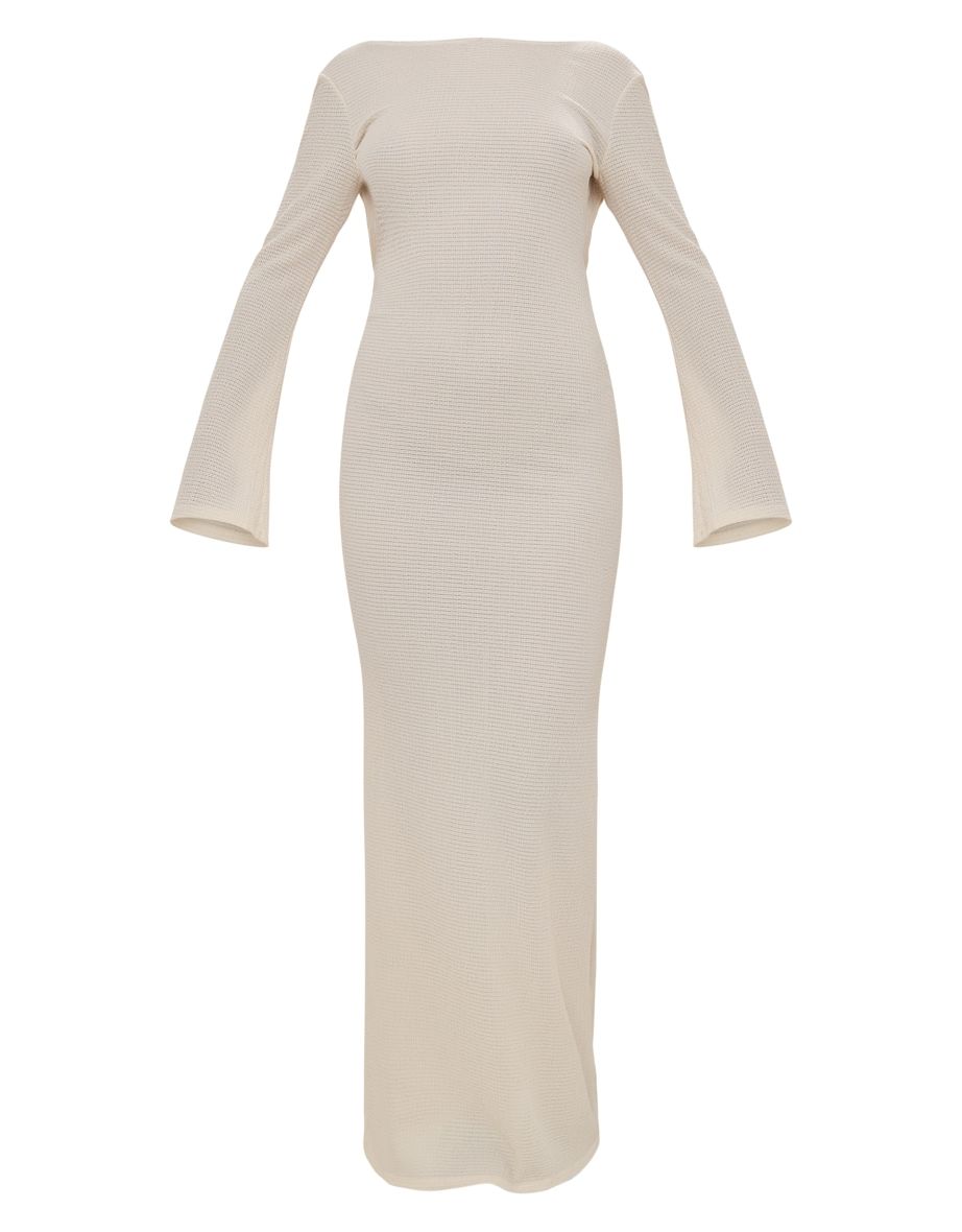 Cream Textured Scoop Back Long Sleeve Maxi Dress - 4