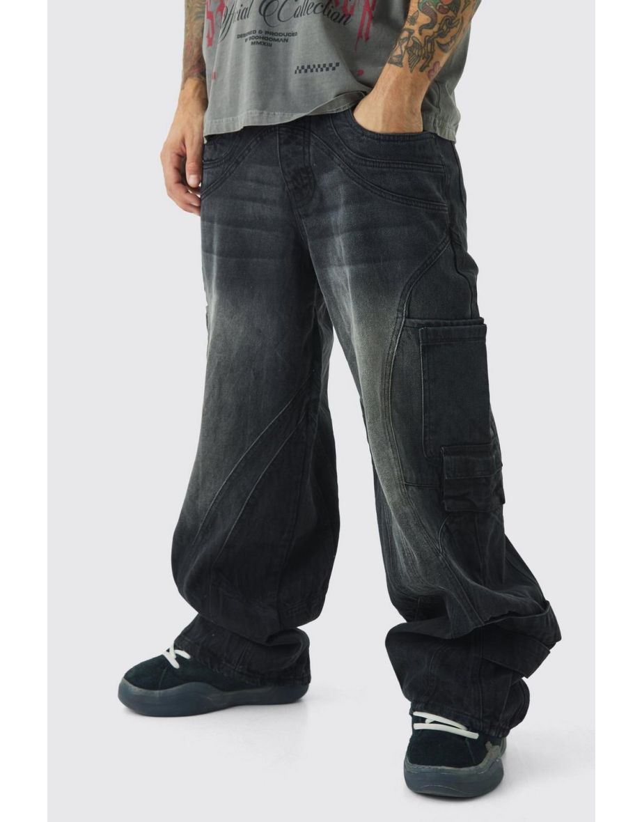Baggy Fit Washed Buckle Strap Cargo Jeans - washed black